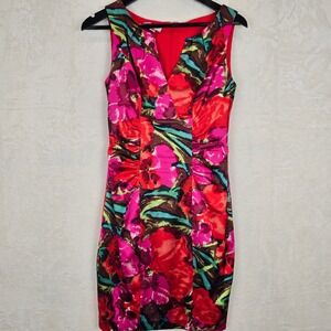 Kay Unger New York Silk Blend Floral Ruched Sheath Dress Red Pink Teal Size 4